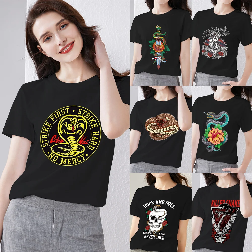 

Fashion Women's Clothing Black T-shirt Casual Top Cobra Print Retro Round Neck Ladies Slim Commuter Short Sleeve Ladies Tshirt