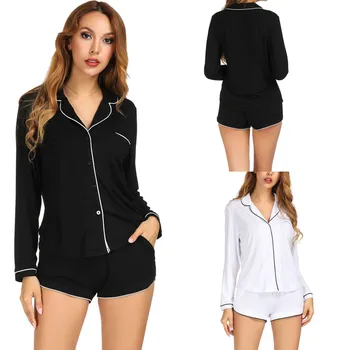 

Women Pajama Sets Long Sleeve Simulation Silk Long Sleeves Short Pants Ladies Pyjamas Nightwear Sleepwear Set Homewear L42