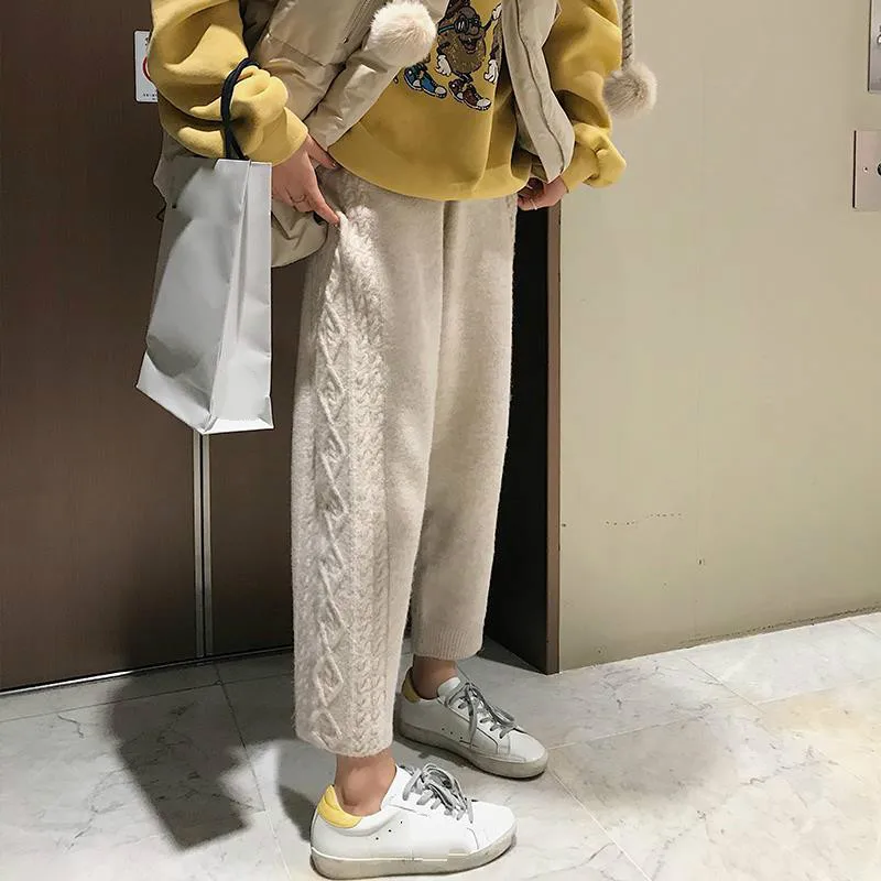 light apricot pants Woherb осенне-зимние свободные свитера, штаны, одноцветные прямые свободные трикотажные брюки длиной до щиколотки, модные новые штаны 91247 - Цвет: light apricot pants