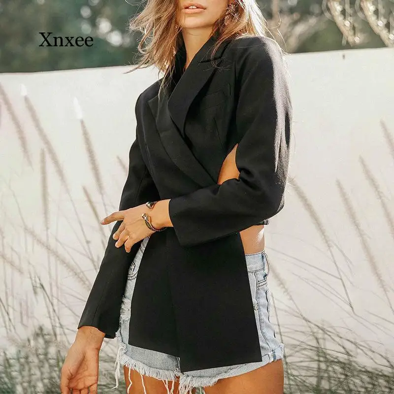 

Женский укороченный пиджак с открытой спиной, черный блейзер с перекрестными вставками, СВОБОДНЫЙ Модный Топ с длинным рукавом, весна-осень 2021