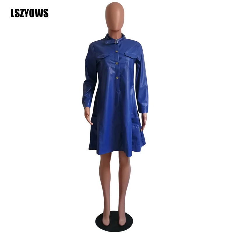Blue Женское платье из искусственной кожи со стоячим воротником и длинным рукавом, однотонное черное платье из искусственной кожи, повседневные свободные платья средней длины на пуговицах с карманами, вечерние уличные платья - Цвет: Blue