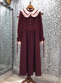 

2020 Early Autumn New Women's Leadership Mouth Color Matching Selvage Lapel Long Sleeve Long Dress 804