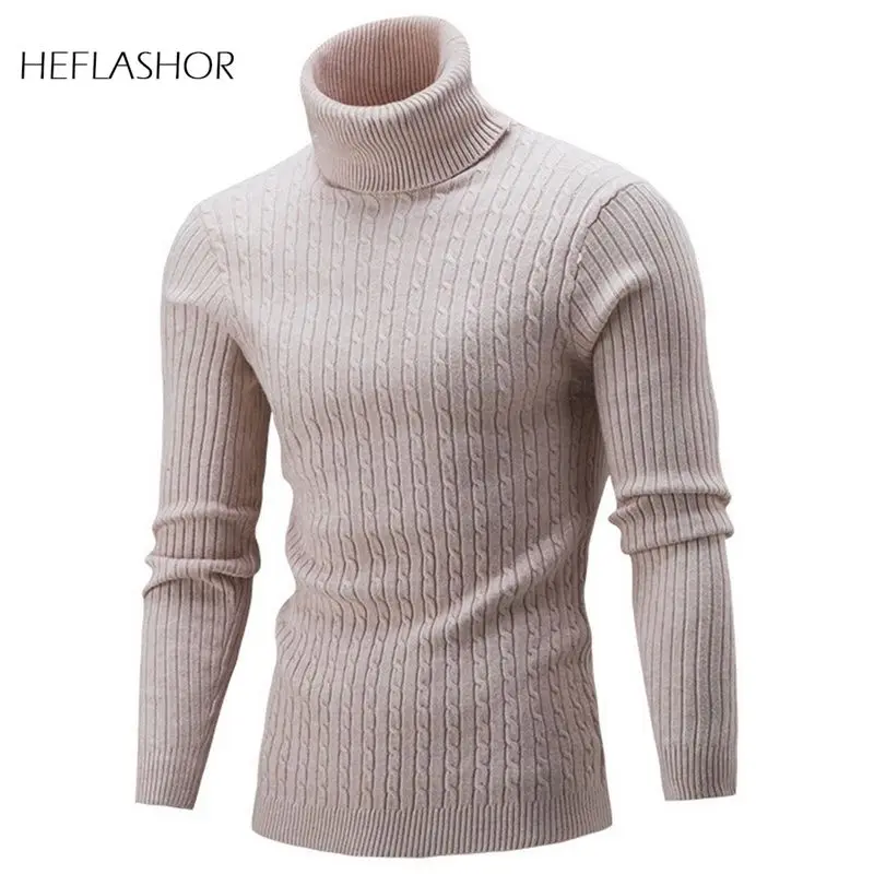 

HEFLASHOR Autumn Warm Turtleneck Sweater Men Fashion Solid Knitted Mens Sweaters 2019 Casual Male Double Collar Slim Pullover