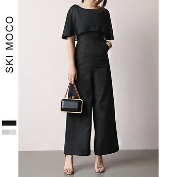 

Solid Casual Bodysuits Straight Jumpsuits 2019 New Round Neck Fake Two-piece Smock Zipper Pocket High-waist jumpsuit