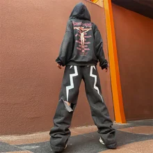 New Autumn Hip-hop Streetwear Women Jeans Za Print Lightning Star Retro Denim Pants Baggy Hole Cowboy Straight Leg Jean Mujer