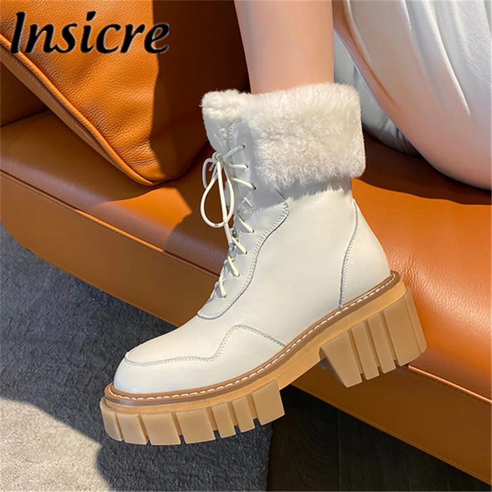 

Insicre 2022 Big Size 34-42 Genuine Leather Snow Ankle Boots Winter Fashion Lace Up Nature Wool Keep Warm Women Casual Shoes