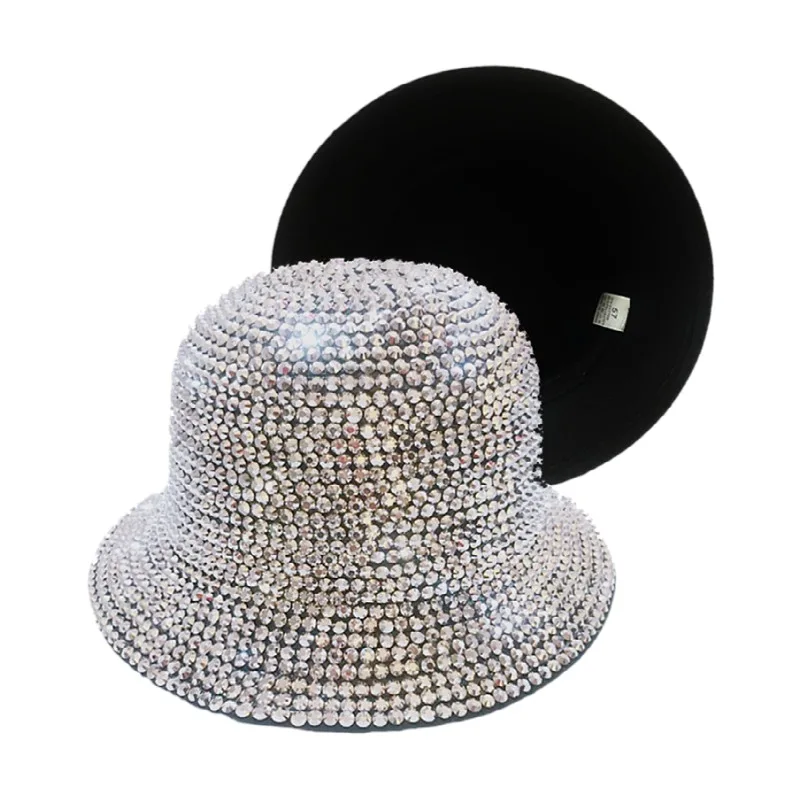 fedora hat men Winter Women Bling Rhinestone Bucket Hat Simple Wide Brim Felt Panama with Full Diamond Adjustable Jazz Hats wholesale NEW flat brim fedora