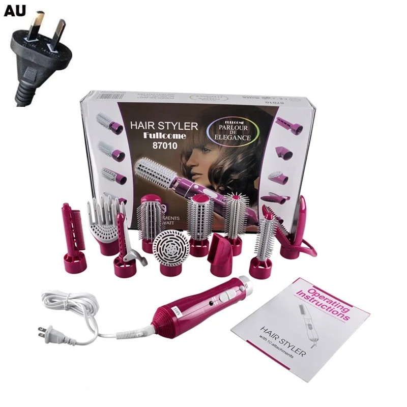 pink au plug 10 в 1 электрическая плойка для волос многофункциональная сушилка щетка вращение стайлер бигуди щетка для волос сменный салон Электрический инструмент для волос - Цвет: pink au plug