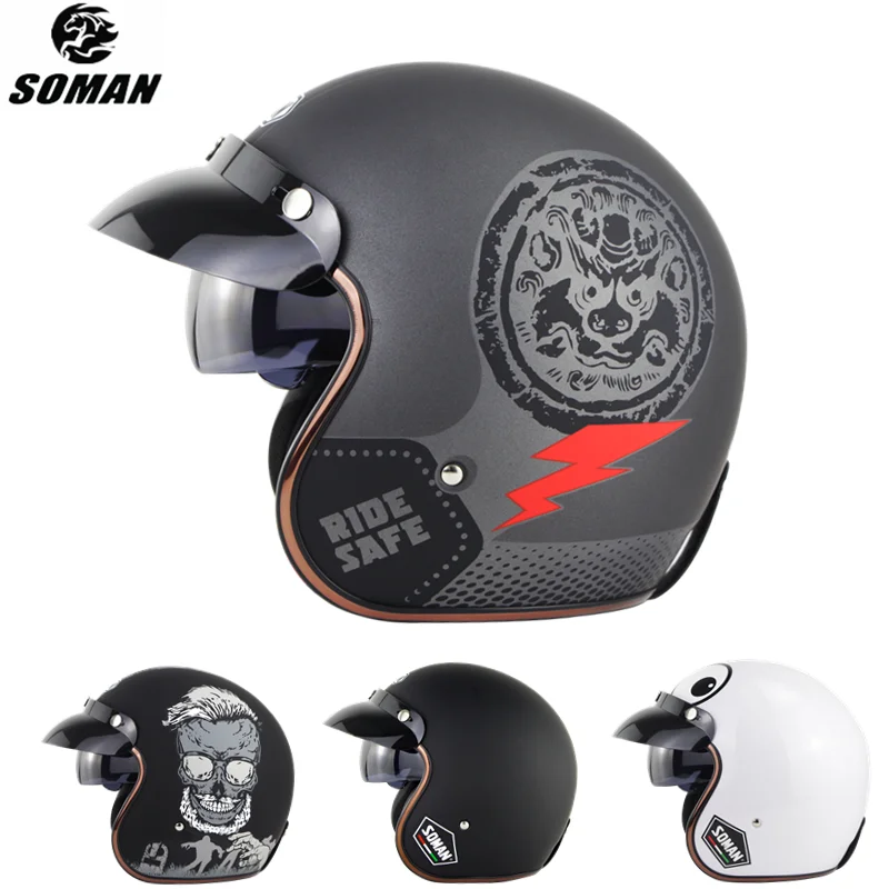 SOMAN Casco Moto Open Face Vintage Motorcycles Helmet for Scooter Helmet Visor Half Face Chopper Cascos Men Retro Vespa Capacete