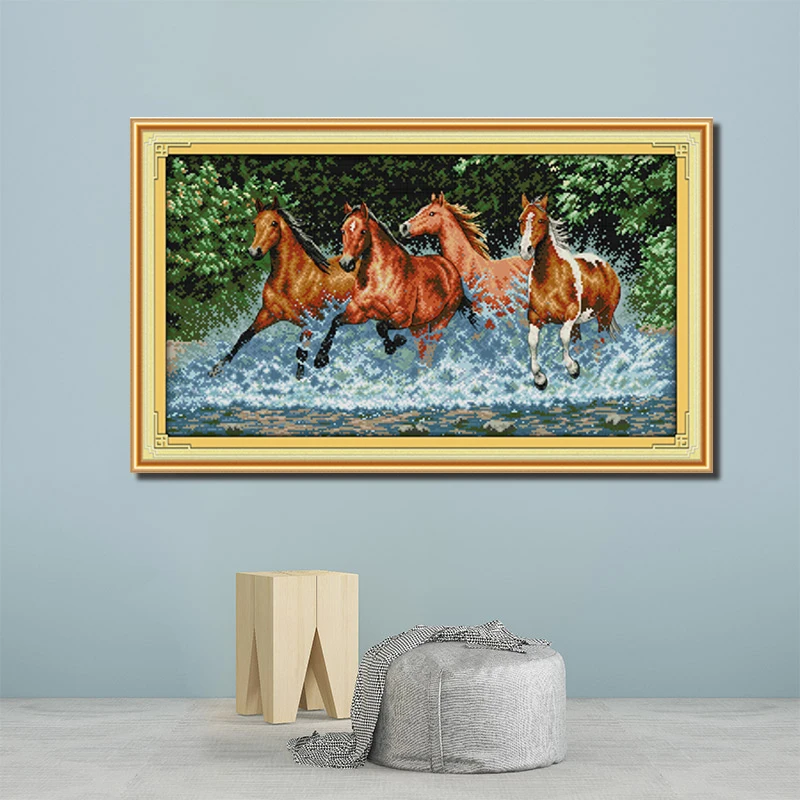 Joy Sunday Набор для вышивания крестиком DIY несколько лошадей, бегущих в воде, с принтом, Китайская вышивка, рукоделие, несколько столов