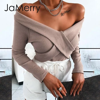 

JaMerry Sexy off shoulder knitted sweater women V neck spring autumn casual pullover Elegant jumpers sweater pull femme 2020