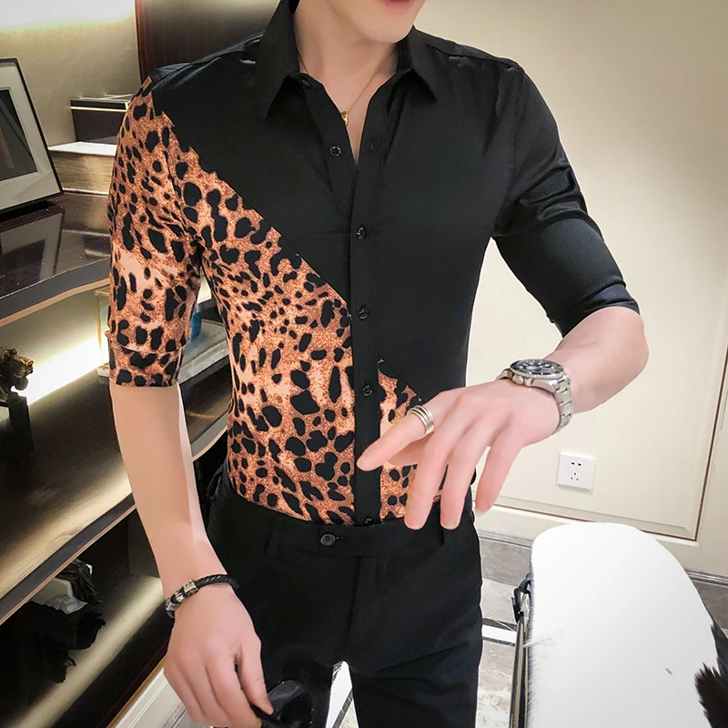Leopard Print Men Tuxedo Shirt Dress 