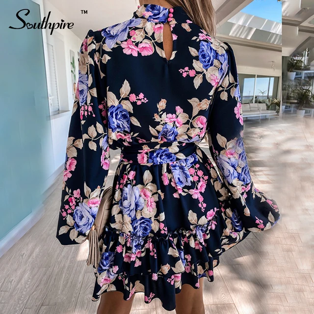 Southpire Navy Floral Print Loose Style Mini Dress Women Long Sleeve High Neck Party Dress Ladies Day Casual Clothes Spring 2022 4