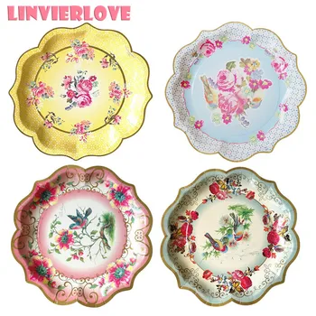 

6pcs/pack Retrol Flower Paper Plates Cups Birthday&Wedding Garden Party 30cm Disposable Plates Tableware Set Decor Supplies