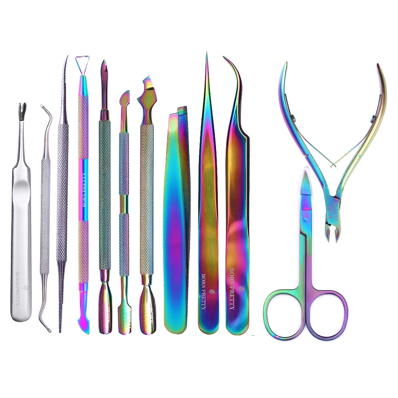  BORN PRETTY Chameleon Rainbow Nail Cuticle Pusher Clipper Scissor Nipper Tweezer Picker Steel Manic
