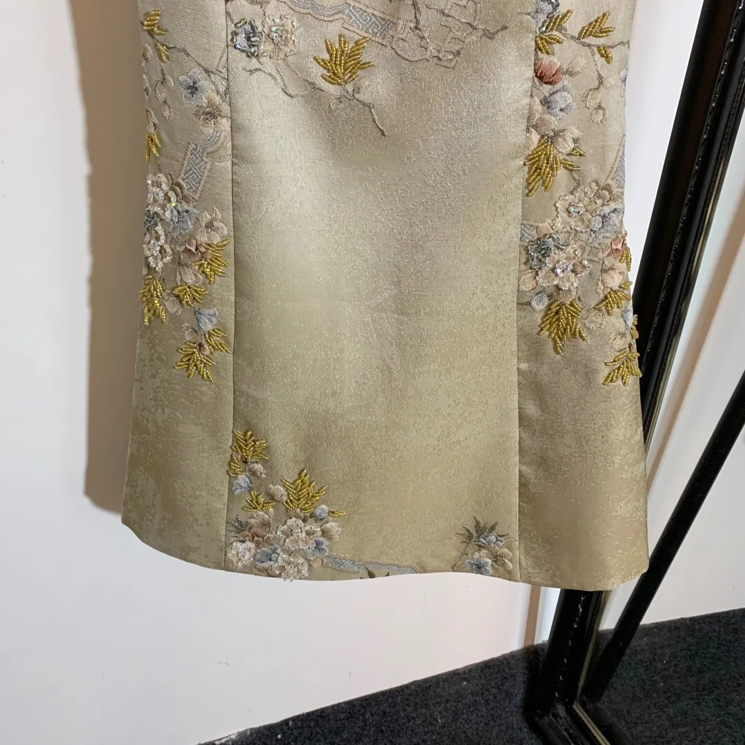 Summer Plus Size XL Dress Women Vintage Style Champagne Embroidery Dress High Quality O Neck Diamonds Sleeveless Dress