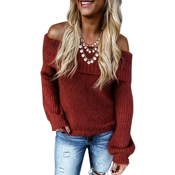 

2019 Women Autumn Winter Warm Solid Sexy Off Shoulder Lantern Sleeve Loose Knitted Pullovers Ladies Streetwear Sweater SJ4635Y