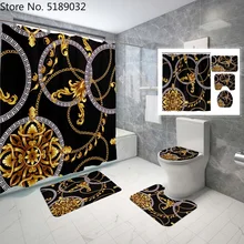 4 Pieces Hollow Shape Pattern Shower Curtain Sets with Bath Rug Toilet Cover Floor Mat Waterproof Bath Curtain Vintage Style