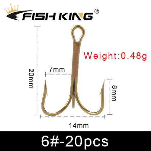 size 6 Рыбы король 20 шт./упак. рыболовный крючок из высокоуглеродистой Сталь ВЧ отменил Крючки рыболовные снасти супер острый Тройной Крючок для бас-гитара - Цвет: size 6