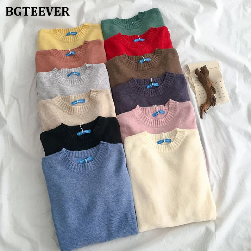 BGTEEVER-suéter básico de punto para mujer, jerseys sólidos sueltos de cuello redondo informales, Tops de punto 2020