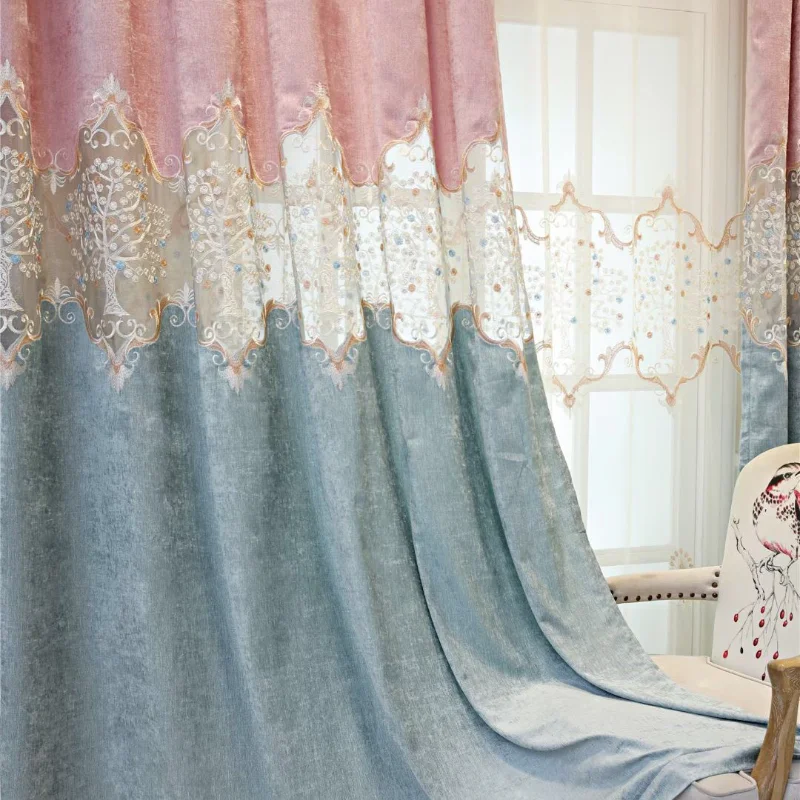 2022 New Chinese Blue and Pink Two-color Stitching Hollow Embroidery Lucky Tree Luxury Curtain for Living Dining Room Bedroom | Дом и сад