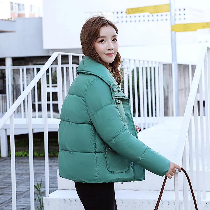 Новинка, женские парки, зимняя повседневная утолщенная теплая мягкая куртка с большим карманом и воротником-стойкой, женские свободные куртки, пальто - Цвет: Зеленый