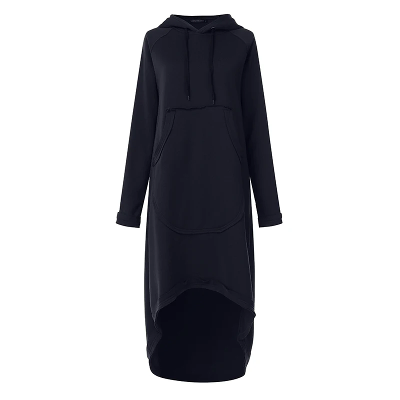 ZANZEA Осень фуфайки, женские толстовки с длинным рукавом Vestido повседневное с капюшоном асимметричный подол флисовый пуловер Толстовка Платье - Цвет: Navy