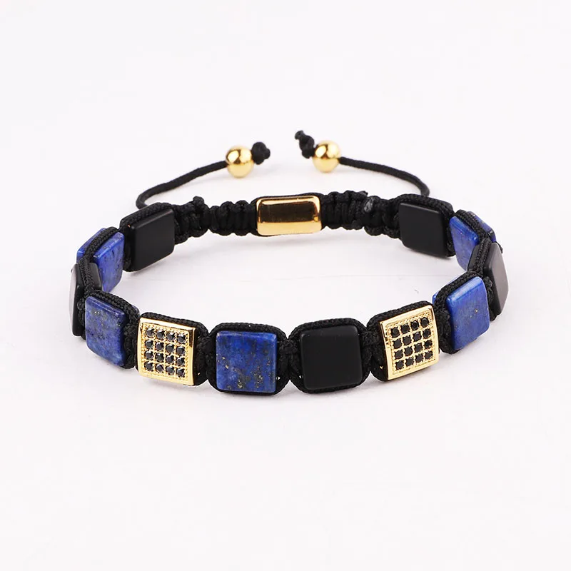 New High Quality Natural Square Stone Stainless Steel Gold Beads Friendship Macrame Bracelet Men - Image 4