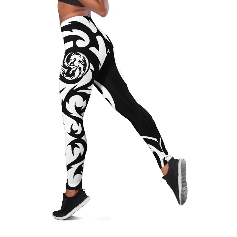 faux leather leggings New women's tight yoga pants Black & White Dragon Art Tattoo 3D  print Leggings and Hollow out Tank Top Fashion casual Leggings fishnet leggings