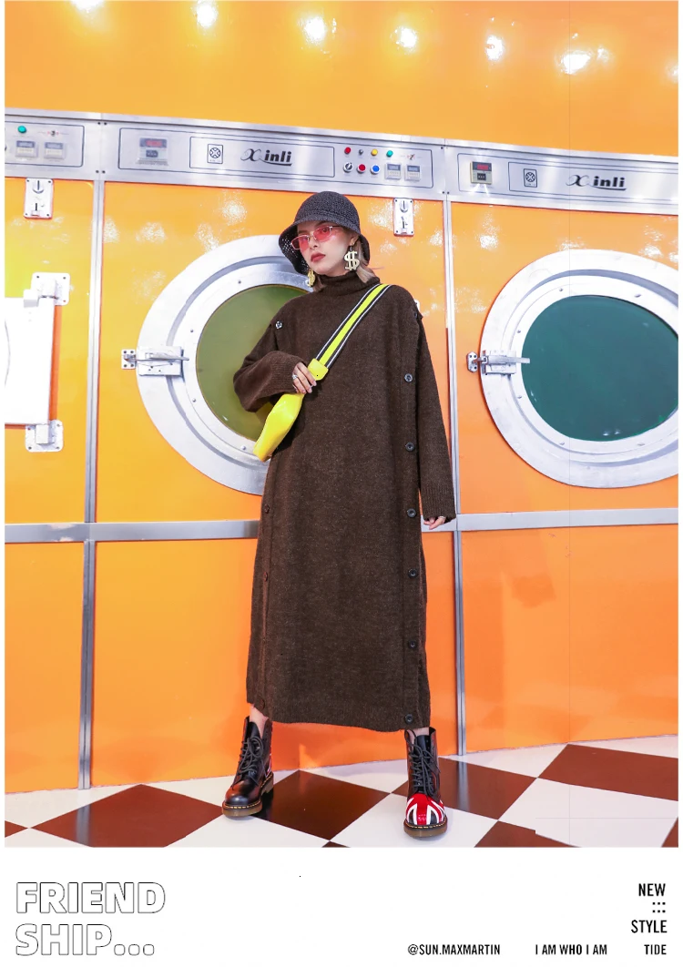 QING MO Black Gray Red Coffee Women Turtleneck Sweater Dress Women Winter Knitted Dress Streetwear Loose Dress ZQY2502
