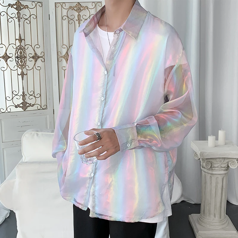 Lovers Clothing Summer Thin Sunproof Shirts Vintage Men Reflecting Chiffon Blouse Shirt Thailand Long Sleeve Party Club Holiday