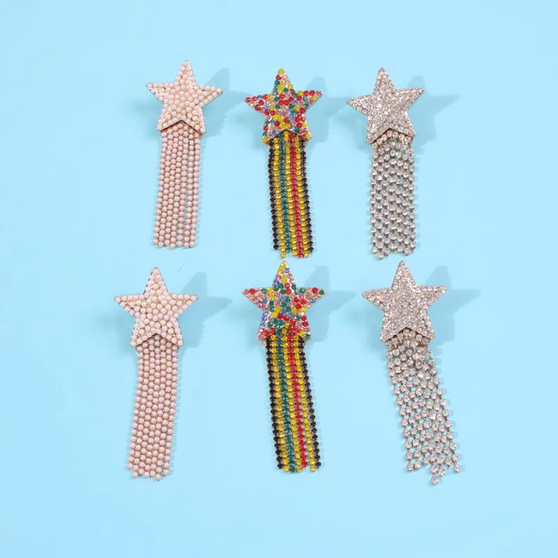 

Fashion Five Star Colorful Crystal Meteor Shower Tassel Long Earrings Exquisite Exaggerated Rhinestone Eardrop Lalynnly E74631