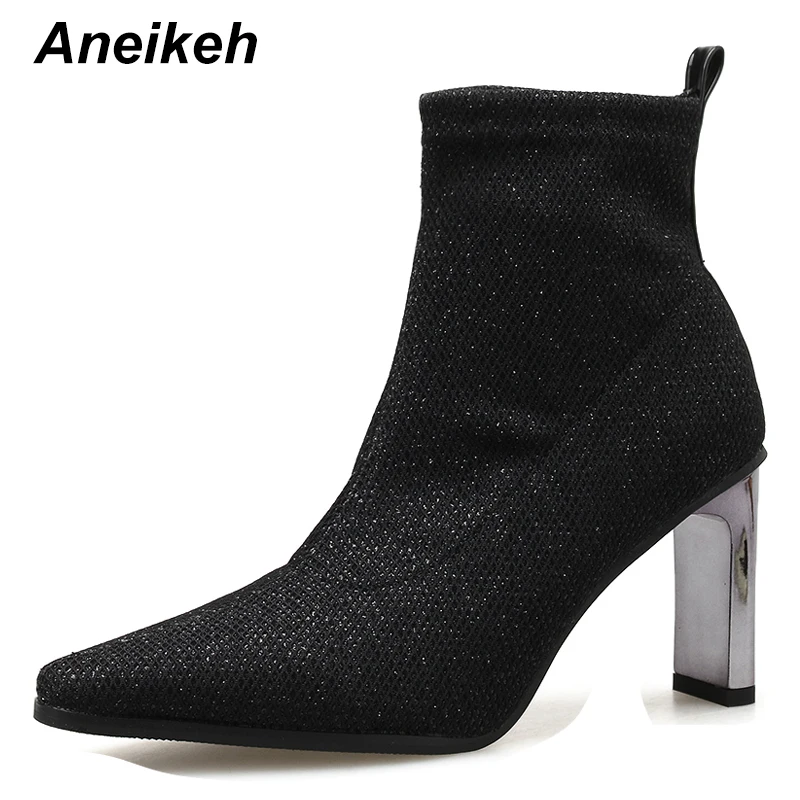 Aneikeh Black Satin носки Стиль ботильоны острый носок на высоком каблуке Представительская обувь осенние модные Стразы Украшенные сапоги - Цвет: black
