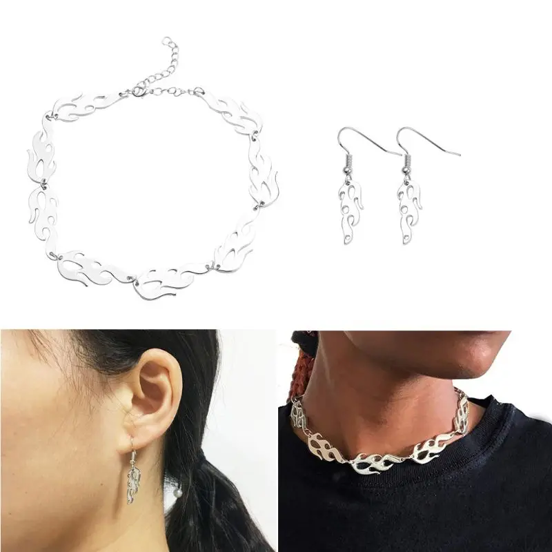 1 Set Punk Rock Flame Choker Necklace Biker Fire Pendant