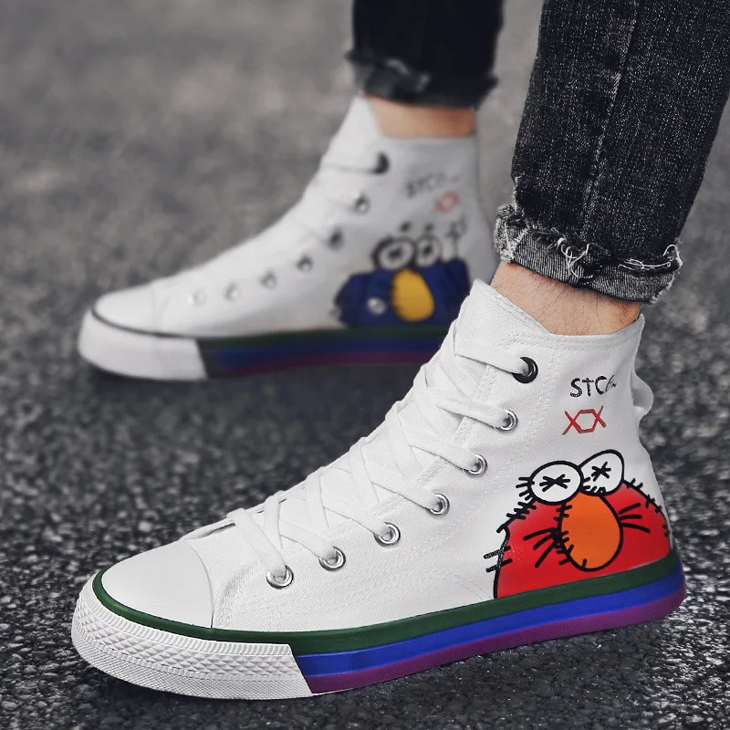 

Canvas Shoes Men's 2019 New Style Trend of Fashion Flat Versatile Cartoon Sesame Street Hight-top Canvas Vulcanization Shoes