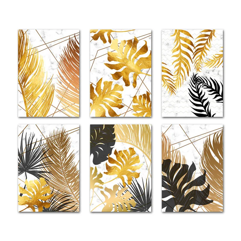 Тропическое растение золотой лист абстрактный плакат скандинавские настенные художественные холсты с растительным принтом современная картина для украшения дома - Цвет: 6 pcs Set