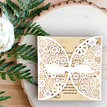 

50 Kits White Bow Lace Laser Cut Wedding Invitations with Envelopes Personalized Blank Print Insides Paper DIY Cards Party Birth