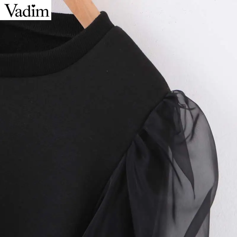 Женское элегантное платье vadim из органзы Лоскутные толстовки с круглым вырезом и прозрачным рукавом пуловеры Женские однотонные повседневные топы HA607