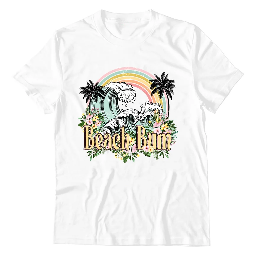 

High Quality Retro 100% Cotton O Neck T Shirts Women Graphic T Shirts Beach Bum Palm Tree Print Womens Plus Size Tops