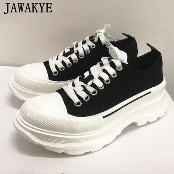 

JAWAKYE Classic Men Vulcanized Shoes Top Quality Thick Sole Platform Canvas Sneakers Casual Round Toe Lace Up Flat Shoes Male