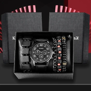Watch Gift Set for Men Black Quartz Numerals Dial Men's Watch Kit Leather Strap Adjustable Bracelets Fashion Gifts for Man Set
