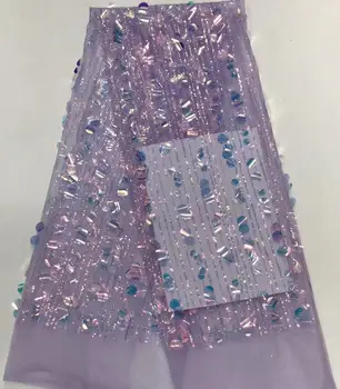 

Purple New style French net lace fabric 3D flower big sequins African tulle mesh lace fabric high quality african lace fabric