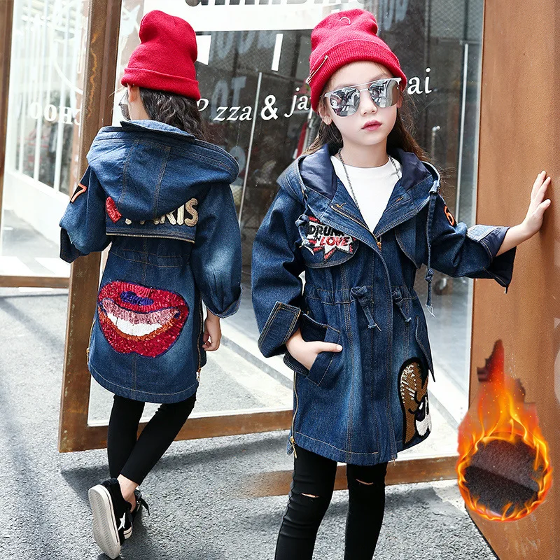 Осенне-зимнее Новое Стильное пальто средней длины с начесом для девочек и мальчиков Джинсовый плащ с блестками и большими глазами