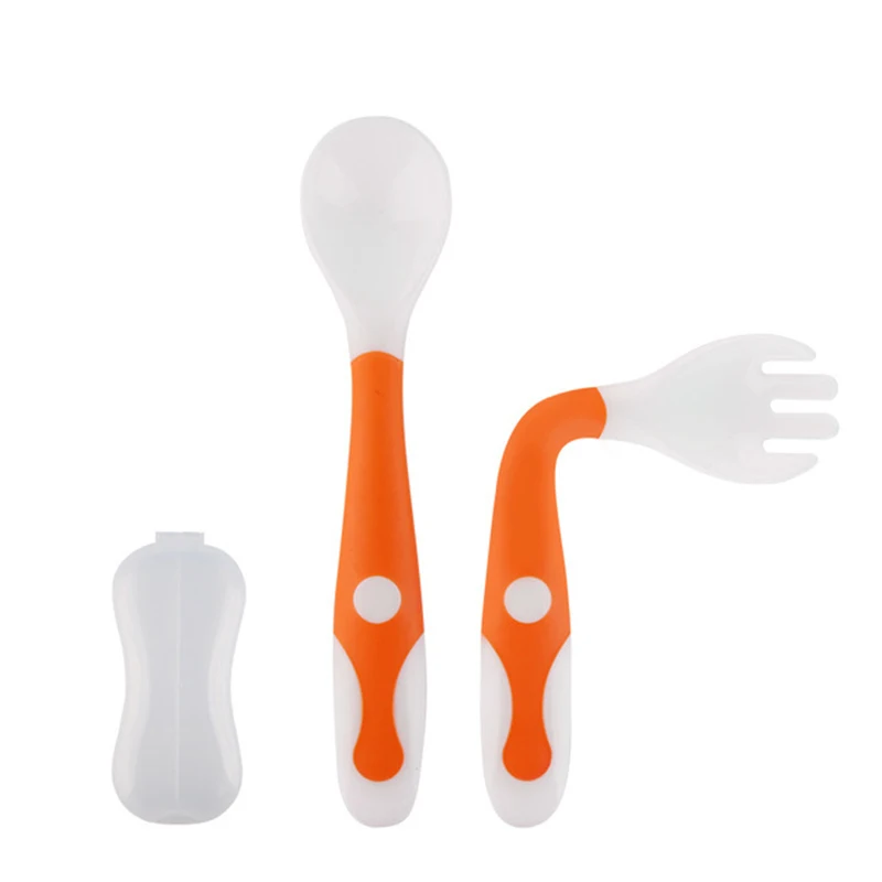 Fork spoon box orang Термостойкая детская обучающая ложка для кормления, посуда, удобный захват, набор ложка и вилка, Дорожный Чехол - Цвет: Fork spoon box orang
