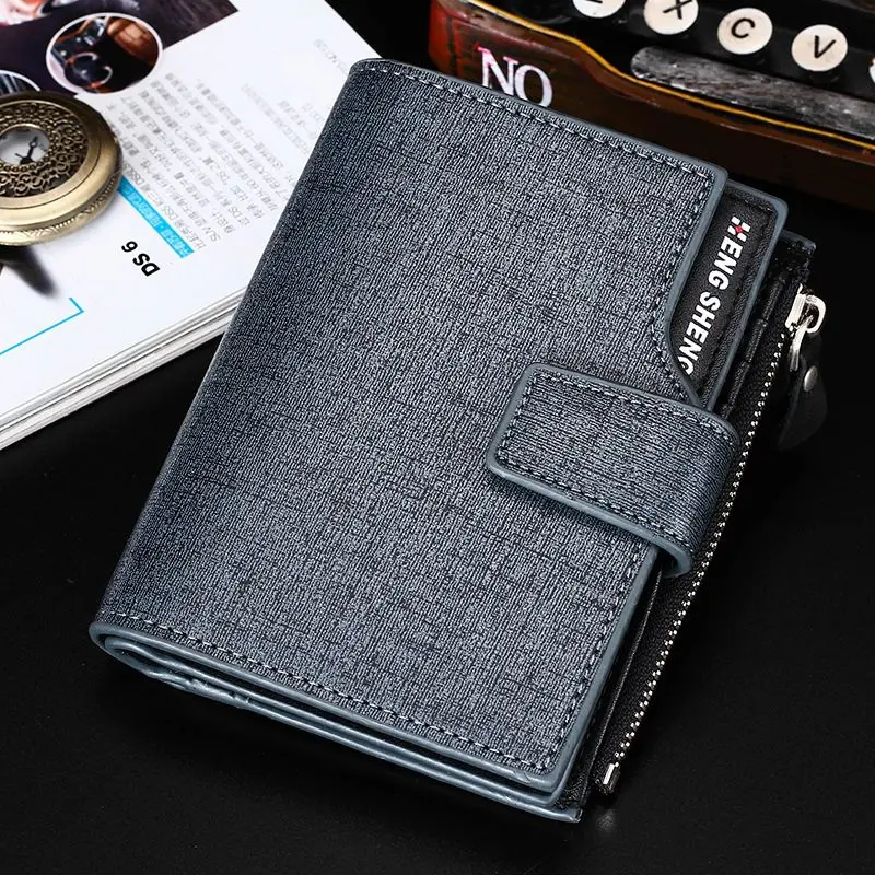 New Classic Fashion men's wallet Short vertical locomotive British casual multi-function card bag zipper buckle 3 Folds Card Hol - Цвет: Синий