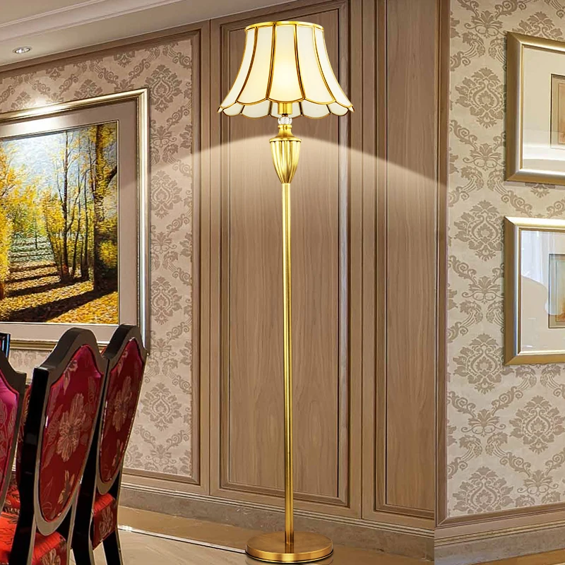 

European Floor Lamp Living Room Sofa Bedroom Study Bedside Fixtures American Vertical Glass Table Lamp Full Copper Desk Light