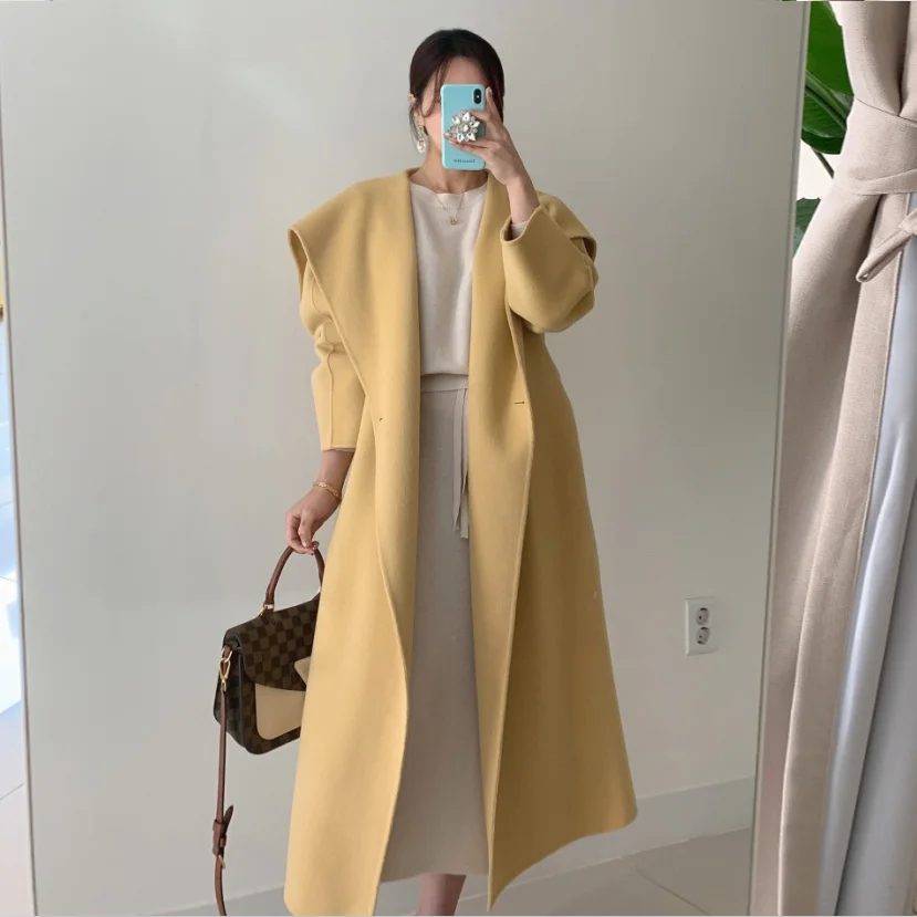 

2020 Autumn New Korean Version Of High-End Fashion Design Big Lapel Thinner Belted Waist Over-Knee Woolen Coat