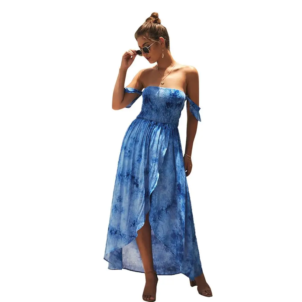 

Summer Boho Sexy Dress Tube Top Women Red Dress Ruffle Split Elastic Waist Casual Beach Party Night Dresses Robe Femme Vestidos