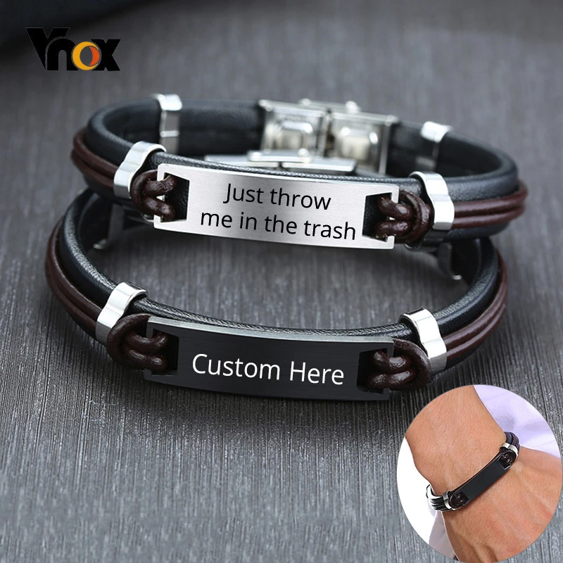 

Vnox Just throw me in the trash Personalize Bracelets for Men Genuine Leather Bangle Custom Stainless Steel ID Bar Male Gift