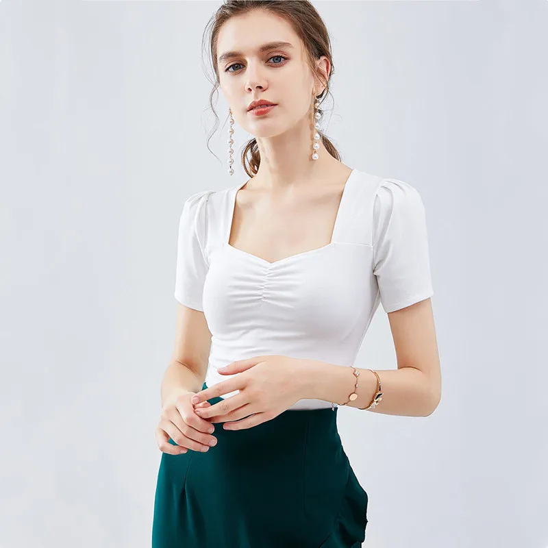 

Модная Женская весенне-летняя футболка с низким вырезом и коротким рукавом, облегающий топ для офиса, одежда для девушек и подруг, подарок д...